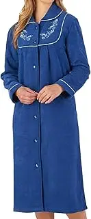 [Slenderella] Womens Button Up Dressing Gown Soft Boucle Fleece Embroidered Housecoat (3 Colours)