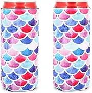 2pcs Neoprene Slim Beer Can Cooler Tall Stubby Holder Foldable Stubby Holders Beer Cooler Bags Fits 12oz Slim Energy Drink & Beer (Mermaid)