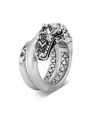 John Hardy Sterling Silver Legends Naga Black Spinel & Blue Sapphire Eyes Ring With Brushed Finish