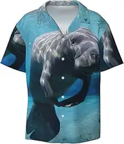 [EdWal] Cute Sea Animal Manatee Print Men's Print T Shirts Short Sleeve Polo Shirts Casual Summer Beach Shirt for Men