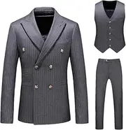 [Generic] Men's Stripe Suit 3 Pcs Set Double Breasted Slim Fit Blazer Wedding Prom Male Blazer Jacket Pants Vest Sets