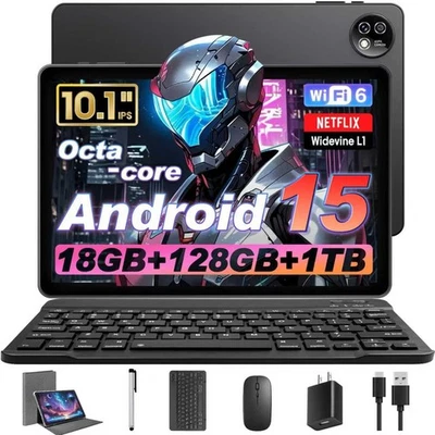 Android 15 Tablet 10 Inch with Keyboard Mouse, Octa-core CPU,RAM 18GB, ROM 12...