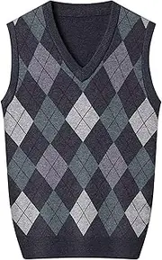 [SWJGLITTR] Mens Argyle Knitwear Vest Classic V-Neck Sleeveless Pullover Vests Lightweight Knitted Sweater Vests, Dark Grey, X-Large