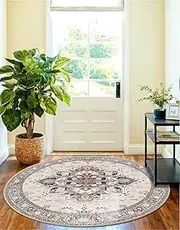 BESTSWEETIE 4ft Area Rug for Living Room Washable Non Slip Rugs Low Pile Non Slip Vintage Print Soft Indoor Carpet for Bedroom Dining, Khaki/Beige/Purple/Black/Brick