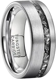 [TUTISS] 8mm Silver/Black Hammered Tungsten Rings for Men Women Genuine Meteorite Chip Inlay Fashion Jewelry Engagement Wedding Promise Band Matte Brushed Finish Comfort Fit