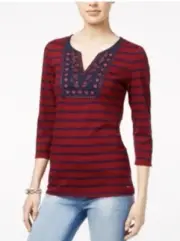Tommy Hilfiger Women's Striped Rhys Embroidered Peasant Top, Size: XS