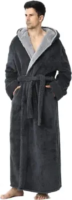 Hellomamma Mens Long Robes with Hood Full Length Hooded Bathrobe Fleece Plush Fl