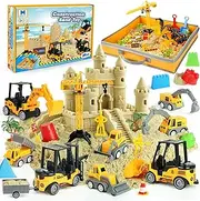 Sand Construction Site Kit - 37 Pcs Play Sand Art Kit with 8 Construction Trucks, Folding Sandbox, 2.2 lbs Magic Sand, Crane, Worker, Road Signs, Molds, Shovel - Sand Toys for Boys Girls Age 3+