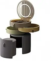iHousewhole Rotating Vanity Set with Mirror and Lights and Drawers, 3-Tier Makeup Organizer, Small Makeup Vanity with Stool for Girls/Ladies (Wood&Imitation Leather, Round), Brown-beige/Brown-green