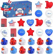28Pcs 4th of July Squishy Rubber Ducks, Patriotic Squishy Mochi Toys