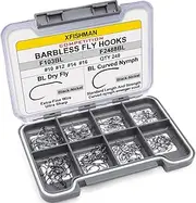 XFISHMAN Fly-Hooks-for-Fly-Tying-Dry-Wet-Barbless-BL-Nymph-Flies Curved Czech Scud Fishing Hooks 10# ~16# Assortment Pack of 240 Hooks with Box