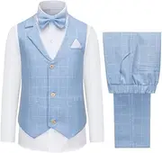 [Weiluka] Boys Plaid Vest and Pants Check Formal Wedding Ring Bearer Outfit Tuxedo Dress Suits
