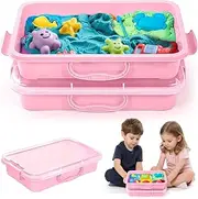 Pack of 2 Sandpit with Lid for Children, Portable Sensory Sandbox Container for Children, Plastic Tray for Water, Sand, Beads and More (2 Pieces Pink)
