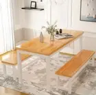 4 Person Elegant Modern Light Wood Dining Table Set With 2 Light Wood Benches