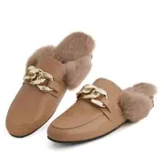 TINSTREE Womens Faux Fur Brown Mules Backless Flat Loafers Size 6 Slip On NEW