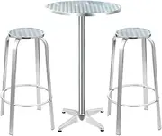 Gardeon 3pcs Aluminum Folding Outdoor Bar Set, Bistro Table and Chairs Patio Furniture Garden Pool Backyard Dining Lounge Setting, Adjustable Height 70/100cm Round Silver