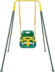 FUNLIO 3-in-1 Swing Set for Toddler with 4 Sandbags, Heavy-Duty Kid Swing Set with Safety Harness, for Backyard, Indoor/Outdoor Play, Folding Metal Stand & Clear Instruction, Easy to Assemble - Green