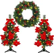 3 Pcs Pre Lit Artificial Christmas Tree with Wreath Set 3 Ft Spruce Entrance Tre