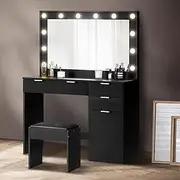 Oikiture Dressing Table, Makeup Dressing Table with Mirro and Stool Black