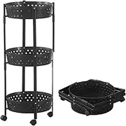 BRIBRION 35x35x88cm Foldable 3 Tier Rolling Cart on Wheels Plastic Floor Storage Organiser for Kitchen Bathroom Folding Trolley Versatile Stand Basket White/Black Space-Saving Shelving Unit (Black)