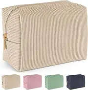 MAGEFY Small Makeup Bag for Purse Corduroy Cosmetics Bag Makeup Pouch Travel Makeup Bag with Metal Zipper Make Up Bag for Travelling (Beige)