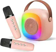 Portable Karaoke Machine for Kids & Adults - 2 Bluetooth Mini Singing Microphone with LED Light Show & Voice Changer -Fit for All Smartphones,for Birthdays and Family Gatherings (Pink)