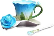 [Beddinginn] Hand Crafted Collection Porcelain Coffee Tea Cup Sets with Saucer and Spoon Rose Shape Designï¼ˆBlueï¼‰