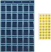 Fenteer Classroom Pocket Chart Hanging Organizer Storage Bag with Number Stickers, 36 Pockets, PVC Transparent, Navy Blue