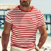Men's T Shirt Tee Top Short Sleeves Crew Neck Summer Striped Fashion Designer Basic Front Pocket Vacation Street Going out Black Red Navy Blue Top Tee for Men