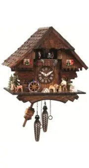 Quartz Cuckoo Clock Black Forest house with moving wood chopper.. EN 474 QMT NEW