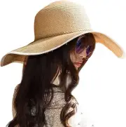 Lanzom Womens Wide Brim Straw Hat Big Floppy Foldable One Size, Twine-khaki