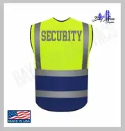 Security Hi-Visibility Safety Vest YELLOW-BLUE REFLECTIVE TEXT FRONT&BACK+POCKET