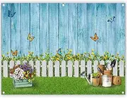 ZTHMOE 8x6ft Fabric Spring Photography Backdrop Easter Garden Floral Background Butterfly Grass Blue Wooden Wall Banner Photo Booth Studio Props