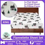 4PCS Bed Sheet Set 100% Cotton Flannel Flannelette King Flat Fitted Pillowcases