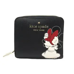 KATE SPADE 迪士尼聯名米妮皮革對開ㄇ型拉鍊釦式短夾(黑色)