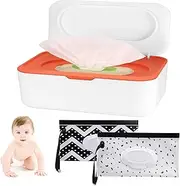 BLAZDEVE Baby Wipes Dispenser Case, Reusable Baby Wipe Holder Box with 2 Portable Wet Wipes Pouch, Refillable Wipes Pouch Case Container with Lid for Bathroom Baby Nursery Kitchen Office(Orange)