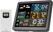 Weather Station Wirel Indoor with Sensors Color Display Digital Weather Forecast Tempe ure H dity Alarm Clock Electronic Sunrise Sunset Adjustable Backlight for Home Wall Black One Size