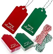 JarThenaAMCS 100Pcs Merry Christmas Paper Gift Tags Xmas Red Green Hanging Labels with Hemp Rope for Holiday Name Tags Present DIY Crafts, Double-Sided