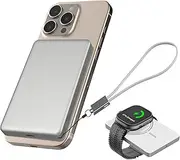 JUOVI for Magsafe Power Bank 5000mAh Portable Charger PD20W Ultra Slim Magnetic Powerbank USB C In&Out Wireless Battery Bank with Lanyard Style Charging Cable for i-Watch Airpods iPhone16 (White, 20W)