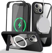 Cavor for iPhone 14 Case iPhone 13 Case 6.1'' 360° Full Body Protective Case with Kickstand and Built-in Screen Protector Clear TPU PC Bumper Support Magsafe Charging Shockproof Phone Cover-Black