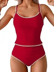 [Eomenie] Tankini Swimsuit for Women Tummy Control Ruched Two Piece Bathing Suits High Waisted Shell Stitch Swimwear, Red, XX-Large