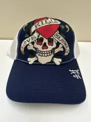 Ed Hardy Embroidered Love Kills Slowly Skull Heart Adjustable Trucker Hat Blue