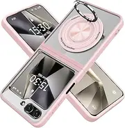 [JUNAUTTB] for Samsung Galaxy Z Flip5 5G Case Compatible with Magnetic,with Ring Holder,Transparent Hard PC Scratchproof Case,Bracket Phone Case 6.7inch,Pink JUS12-67