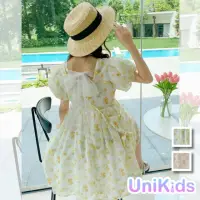 在飛比找momo購物網優惠-【UniKids】中大童裝短袖洋裝 韓版碎花網紗露背綁帶公主