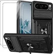 [NUCNOK] Case for Google Pixel 9 Pro XL + 2 Pack Tempered Glass Screen Protector,[Slide Camera Cover] [Magnetic Kickstand Ring] [Removable Card Holder] Military Grade Anti-Scratch Tough Bumper Cover
