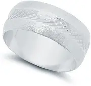 [The Bling Factory] Rhodium Plated Textured Edged Unisex Adult Wedding Band Ring + Microfiber Jewelry Polishing Cloth
