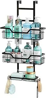 Over The Door Shower Caddy, 3 Tier Hanging Shower Organizer, Metal Hanging Shower Shelf with Soap Holder and 16 Hooks, Rustproof Bathroom Storage Basket, No Drilling, Black