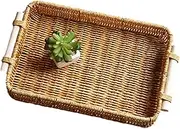 Rattan Tray - Woven Rattan Rectangular Serving Tray with Handles,Serving Tray Basket for Coffee Table Bar Dinner Parties Kitchen