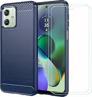 LCEHTOGYE Carbon Fiber Cover for Motorola Moto G54 + 2 Tablets HD Tempered Glass,Shell TPU Bumper Protective Back Case - Anti-Scratch Screen Protector for Motorola Moto G54 (6,5")-MFLS - Blue