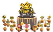 16PCS Construction Vehicles Cake Cupcake Toppers Builder Party Supplies Forklift Bulldozer Crane Stop Caution Sign Kids Birthday Decoration
